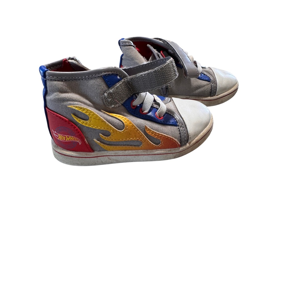 Hot Wheels High Top Sneakers Toddler Size 6 Flames‎ Hook Loop Zip Gray Red Blue